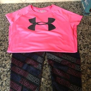 Big girls Under Armour leggings and dry-fit shirt